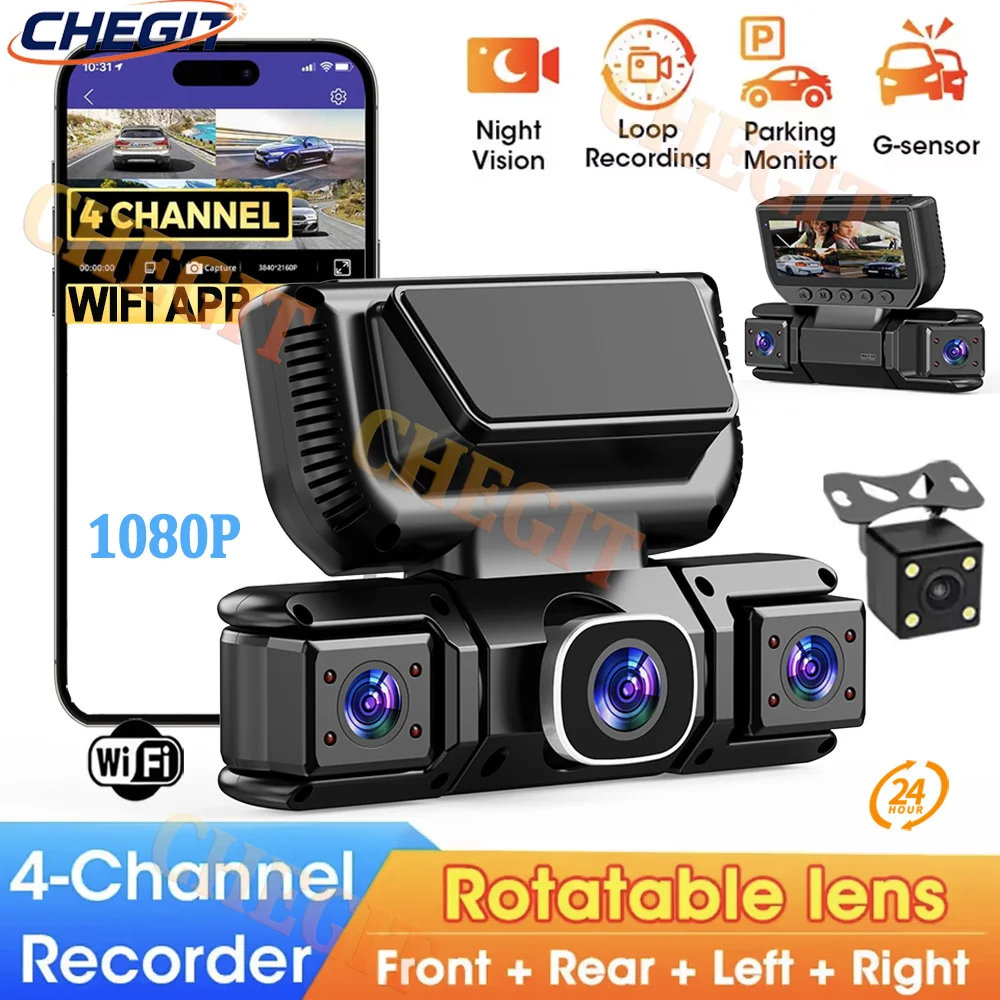 Panoramic Dash Cam 360 - 4Channels Car DVR WIFI 1080P Video