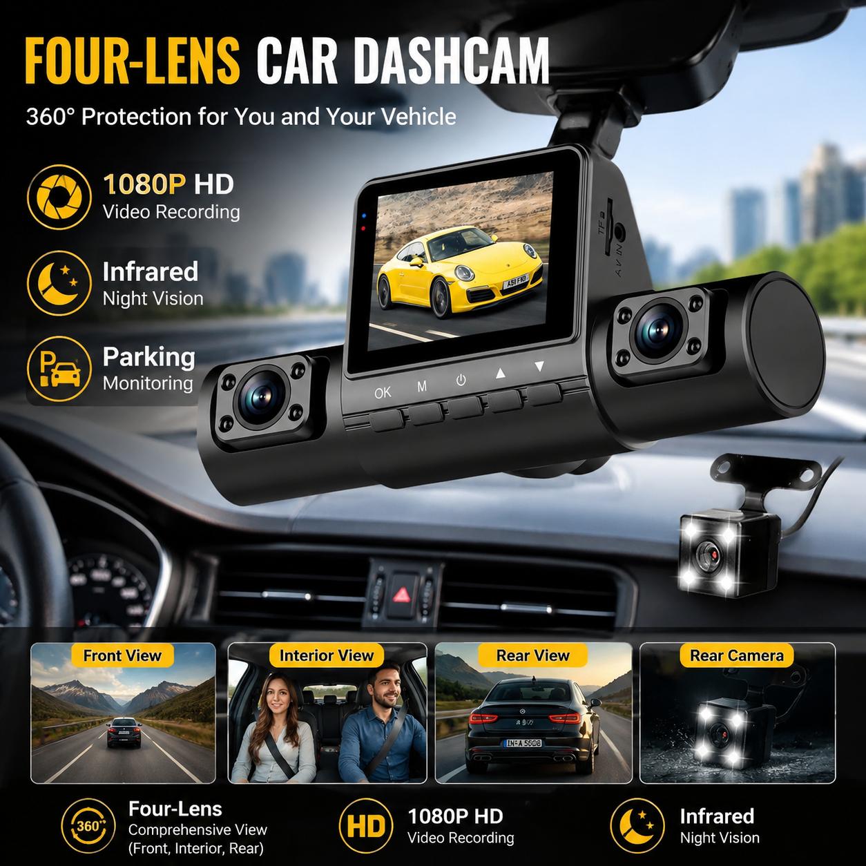 4 Lens Dash Cam 1080P Full HD  - огляд і ціна Panoramic Dash Cam 360